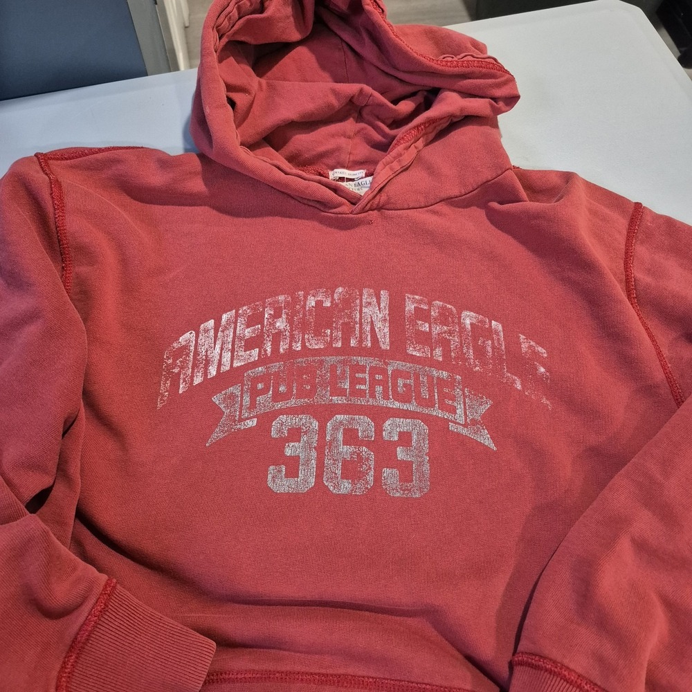 Y2K American Eagle Hoodie Mens XL Slim Fit Washed Red Pub Distressed Sweatshirt